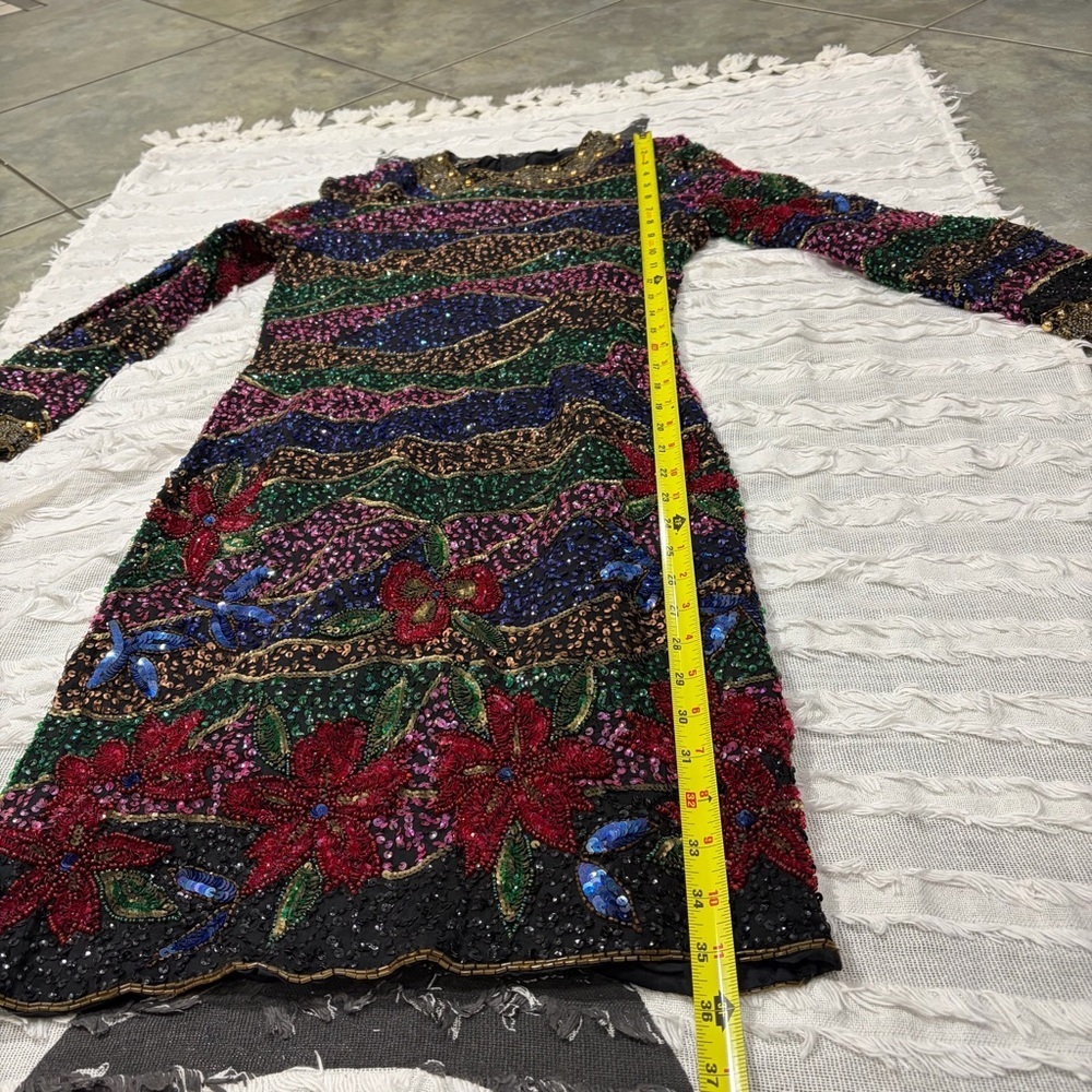 VTG sequined 1980s INDUS V silk beaded Multi Florals disco dress Party 15” PTP - Picture 15 of 16